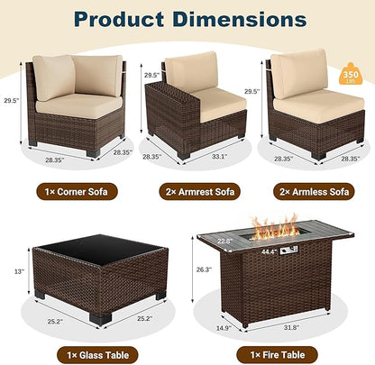 7 Piece Patio Furniture Set with Fire Pit Table, Outdoor Conversation Sets Wicker Rattan Sectional Sofa with Coffee Table for Patio Garden Backyard, 4'' Thickened Cushion Beige