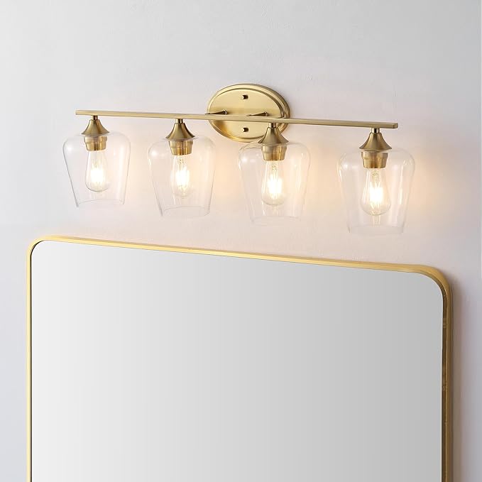 JONATHAN Y 32" Brass Gold 4-Light Farmhouse Rustic LED Vanity Light Sconce, Clear Glass Shade, Vintage Indoor Fixture for Bathroom Mirror, LED Bulb Included (JYL7548B)