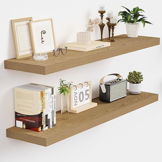 Vivelove 32 Inch Floating Shelves for Wall, 32x9 Display Shelves for Bathroom Living Room Kitchen Bedroom Office Farmhouse Home Decor - Set of 2, Oak