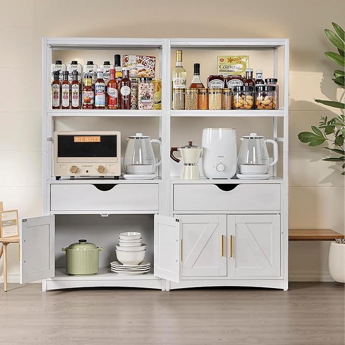 VECELO 2-Tier Kitchen Pantry Storage Cabinet with Charging Station, Freestanding Tall Cupboard with Wider and Taller Microwave Space, Farmhouse Style with Shelves and Drawer,White