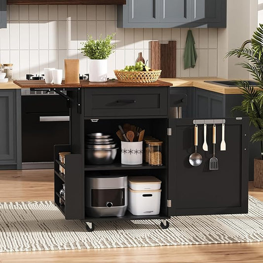 Kitchen Island with Storage, Rolling Kitchen Table on Wheels with Drop Leaf - Open Spice Rack&Towel Rack, Drawer, Cabinet, Adjustable&Removable Shelf, for Kitchen, Dinning Room, Black