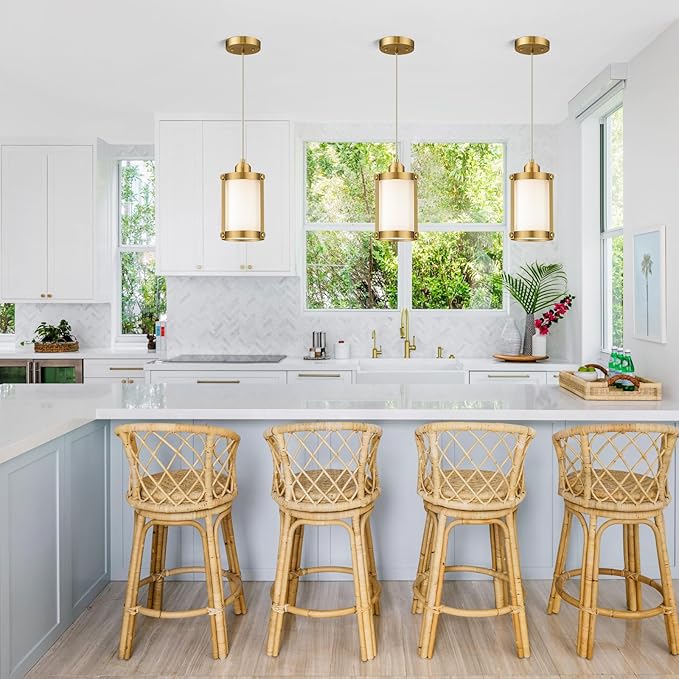 Brushed Gold Pendant Lights Kitchen Island 3 Pack, Modern Kitchen Pendant Lighting Over Island with Milk Glass, Farmhouse Brass Mini Hanging Light for Kitchen Sink Dining Room, OS-3014-3PBG