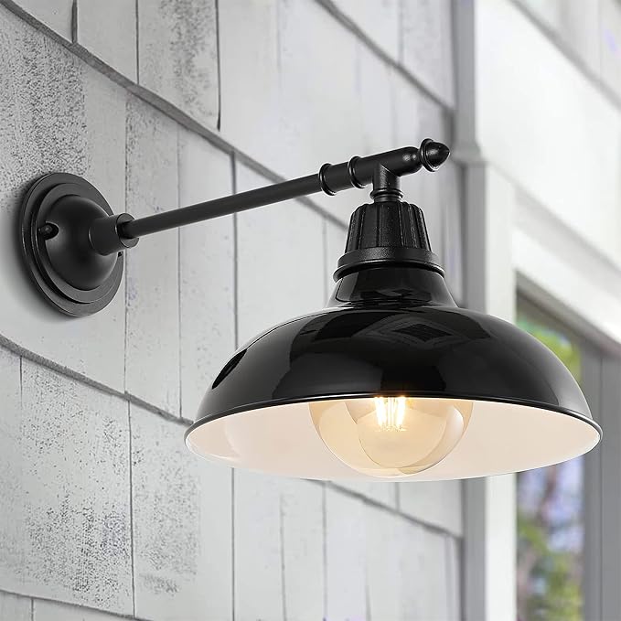 JONATHAN Y 12.25" Black 1-Light Industrial Farmhouse Outdoor Sconce, Iron Wall Light with LED Bulb, Metal Bowl Shade, Vintage Porch Lamp for Entryway Patio Kitchen (JYL7615B)