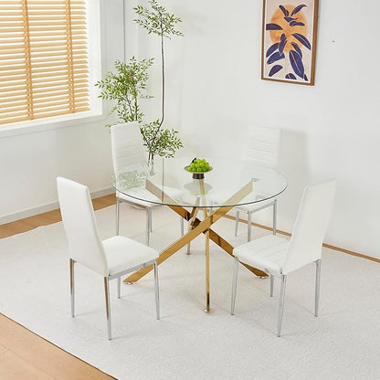 Round Glass Dining Table,Glass Dining Room Table with Metal Legs, Modern Round Kitchen Table for Home, Kitchen, Dining Room