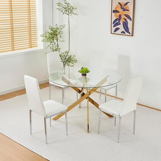 Round Glass Dining Table,Glass Dining Room Table with Metal Legs, Modern Round Kitchen Table for Home, Kitchen, Dining Room