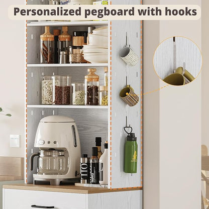 IRONCK Bakers Rack Microwave Stand with Customizable Pegboard and Storage, 71" Farmhouse Coffee Bar Cabinet with Drawer, Barn Doors, Adjustable Shelves for Kitchen, Dining Room, 23.6" White