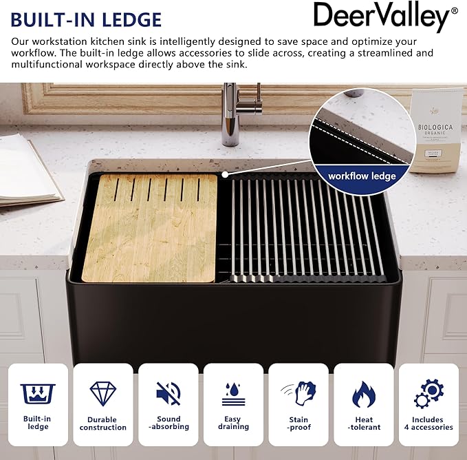 DeerValley Black Farmhouse Sink for Kitchen 30 inch, Fireclay Single Bowl Front Apron Workstation Kitchen Sink with Grid, Strainer & Workstation Accessories