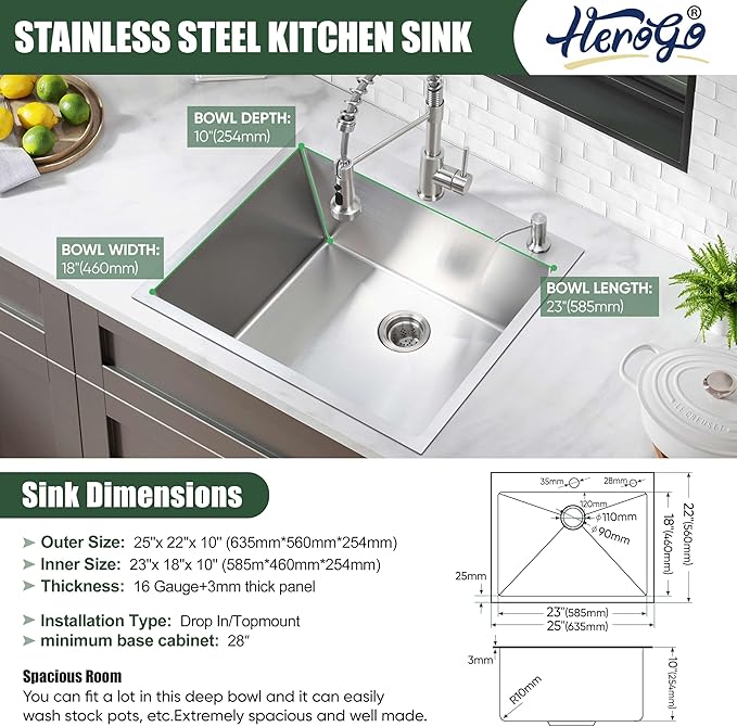 25x22Inch Drop In Kitchen Bar Sink, Herogo Stainless Steel Handmade 10'' Deep Topmount Single Bowl Kitchen Workstaion Rv Sink Basin for Laundry Room Utility with Accessories