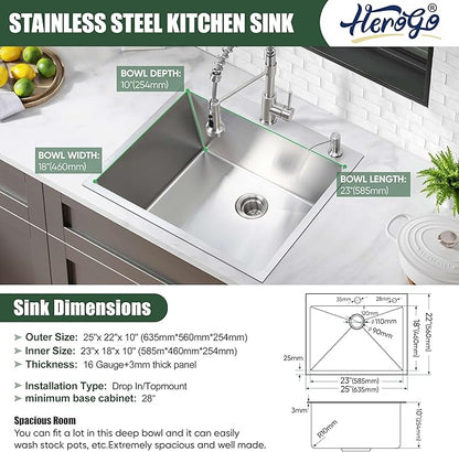 25x22Inch Drop In Kitchen Bar Sink, Herogo Stainless Steel Handmade 10'' Deep Topmount Single Bowl Kitchen Workstaion Rv Sink Basin for Laundry Room Utility with Accessories