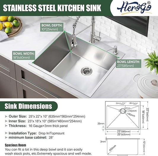 25x22Inch Drop In Kitchen Bar Sink, Herogo Stainless Steel Handmade 10'' Deep Topmount Single Bowl Kitchen Workstaion Rv Sink Basin for Laundry Room Utility with Accessories