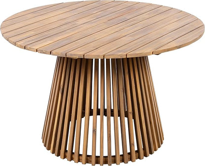 Merax Outdoor Dining Table 47.25" Round Extra-Large Acacia Wood Patio Dining Table for Backyard Lawn Balcony, Aesthetic Slat Base Design, Light Teak