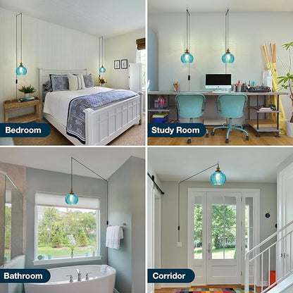 Modern Plug in Hanging Light, 7.8 Inch Glass Pendant Light with 14.76 FT Adjustable Plug in Cord, Vintage Blue Hanging Lamp for Dining Room Bedroom Kitchen Island Bathroom E26