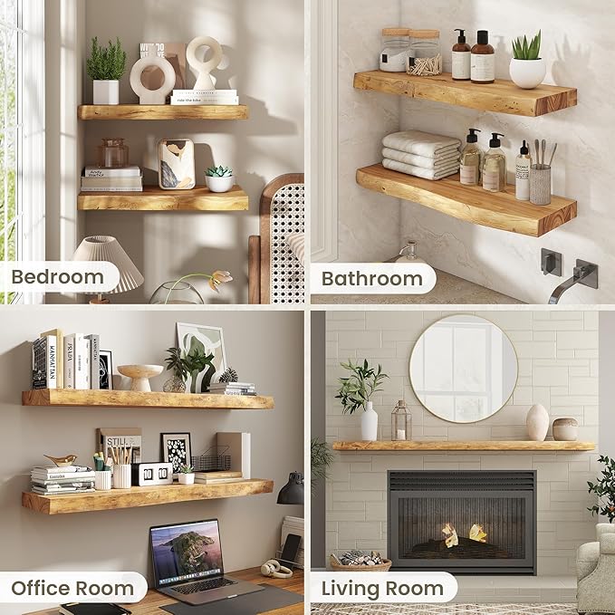 Fun Memories Floating Shelves for Wall Decor Set of 2-36 Inch Solid Elm Wood Live Edge - Rustic Natural Wall Shelves with Invisible Brackets - for Living Room, Bedroom, Kitchen - Natural Finish