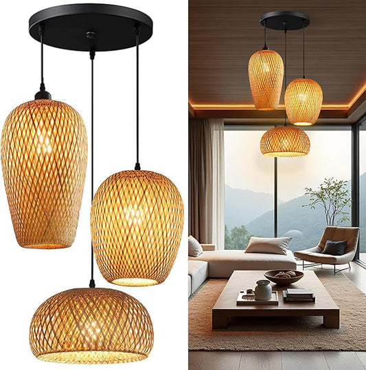 GWY Bamboo Lantern Pendant Lamp, Retro Japanese Style E27 Chandelier Hanging Light Ceiling Lighting Fixture for Living Room Bedroom Restaurant Cafe Teahouse Bar Dining Room Club