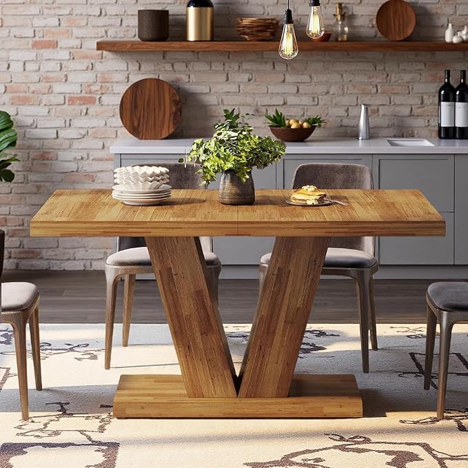Oigavfd 47 Inch Dining Table, Rectangular Kitchen Table for 4 with Heavy Duty Pedestal Base, Modern Farmhouse Wood Dining Table for Dining Room, Kitchen, and Small Space (Walnut Brown)