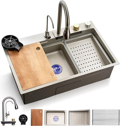 SereneLife Stainless Steel Kitchen Sink | Undermount & Drop-In Installation |13 Gauge & 30"L x 18"W x 9"H IN | Includes Faucet, Drain Rack, Strainer Basket, Cutting Board & Cup Washer | Gray