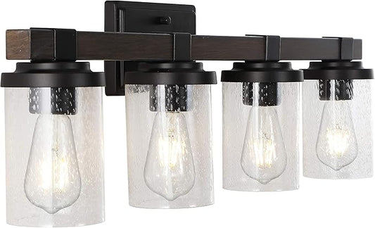 JONATHAN Y 32" Oil Rubbed Bronze LED Vanity Light, Rustic Farmhouse Sconce, Clear Seeded Glass Shade, Industrial Wall Lamp for Bathroom Mirror, Kitchen Sink, LED Bulb (JYL7510A)