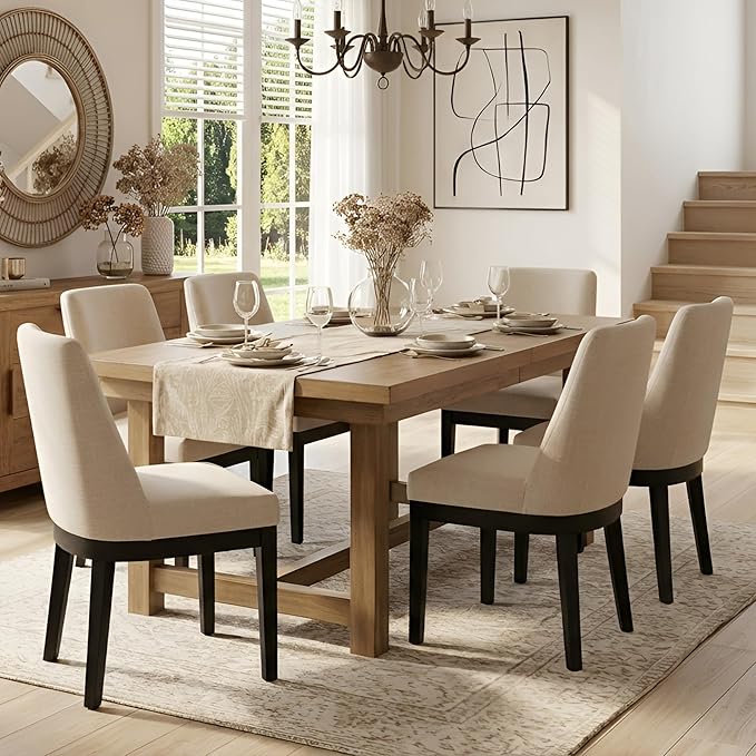 HNY Modern Dining Chairs Set of 6 with Comfortable Back Support, Farmhouse Soft Linen Upholstered Dining Room Chairs with Black Solid Wood Legs, Armless Kitchen Side Chairs for Living Room, Beige