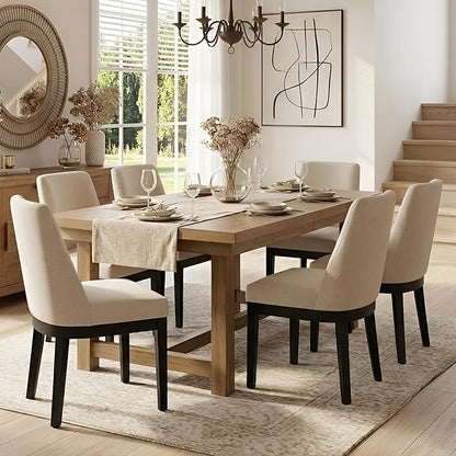 HNY Modern Dining Chairs Set of 6 with Comfortable Back Support, Farmhouse Soft Linen Upholstered Dining Room Chairs with Black Solid Wood Legs, Armless Kitchen Side Chairs for Living Room, Beige