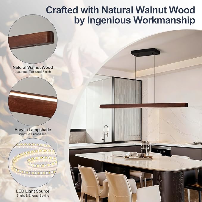 39" Wood Linear Pendant Light Fixtures, Modern 24W LED Dimmable Pendant Lights Kitchen Island, Wood Linear Hanging Chandelier for Dining Room, Kitchen Island, Bar, Pool Table-Walnut