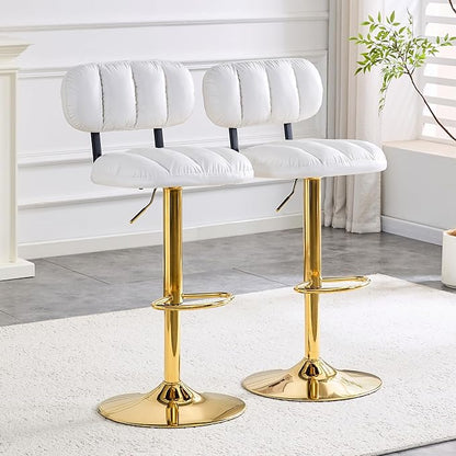 Set of 2 Adjustable Height Bar Stools, White PU Leather Upholstered Seating with Gold Metal Base Footrest, Stools for Kitchen Island, Home Bar, Living Room