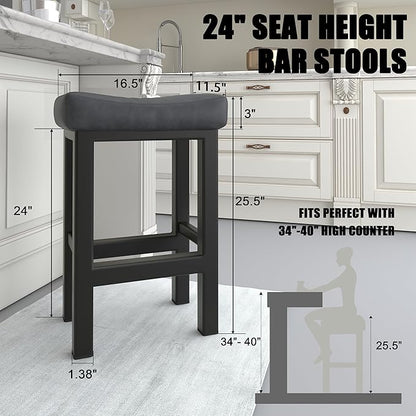 Bar Stools Set of 2, 24 Inch Counter Height Bar Stools for Kitchen Island, Faux Leather Upholstered Thick Saddle Seats & Heavy Duty Metal Base, Easy Assembly, Gray