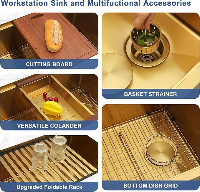 Gold Undermount Kitchen Sink 28 inch,Single Bowl Undermount Sink 16 gauge Stainless Steel,Workstation Kitchen Sinks with Gold Accessories (28" X 18")