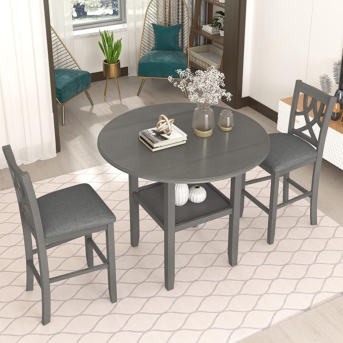 Modern Rustic 3 Piece Round Counter Height Dining Table Set with with Drop Leaf Table,Bottom Shelf and 2 Padded Chairs,Wooden Kitchen Furniture for Small Places