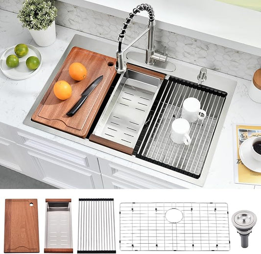 33 Inch Drop In Kitchen Sink - 33x22 Kitchen Sink Drop In,16 Gauge Stainless Steel Topmount, 10" Deep Single Bowl Workstation Sinks with Accessories