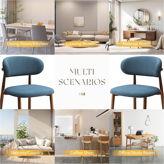 Kitchen Dining Chairs Set of 6 Modern Soft Linen Farmhouse Dining Room Chair, Blue/Walnut