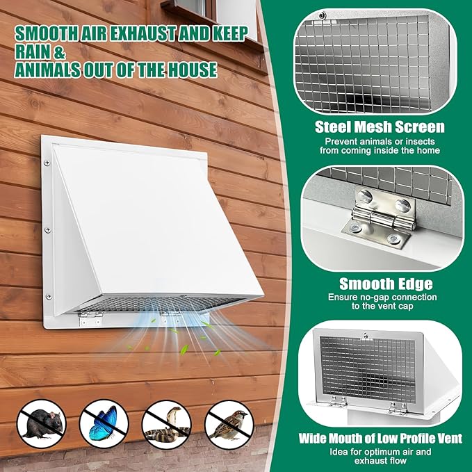 6 Inch Hooded Wall Vent Cover with Screen and Damper Galvanized Steel for Kitchen Range Hood Dryer Bathroom Exhaust, White