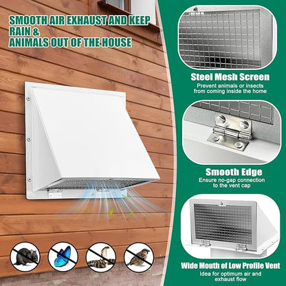 6 Inch Hooded Wall Vent Cover with Screen and Damper Galvanized Steel for Kitchen Range Hood Dryer Bathroom Exhaust, White