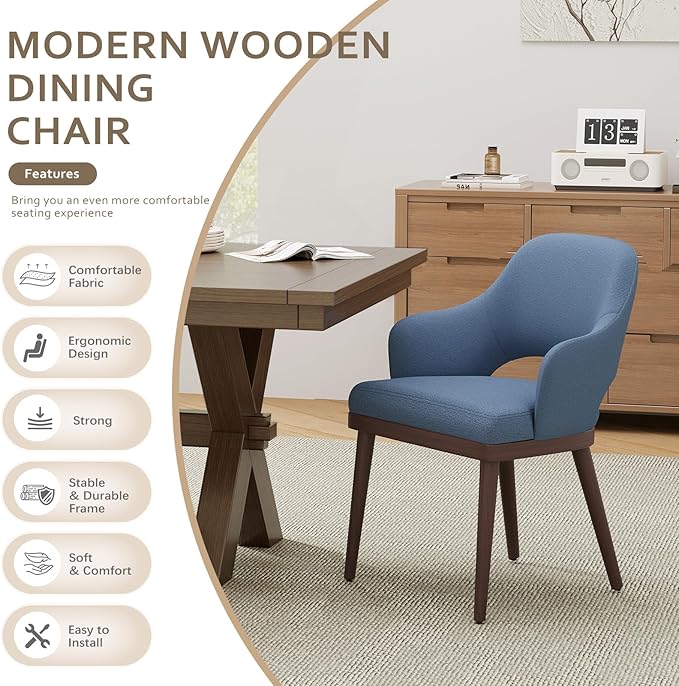 MALOL Wooden Dining Chairs Set of 4, Modern Fabric Upholstered Dining Room Chair, Kitchen Side Chairs, Farmhouse Dinner Chair with Open Back for Kitchen, Blue