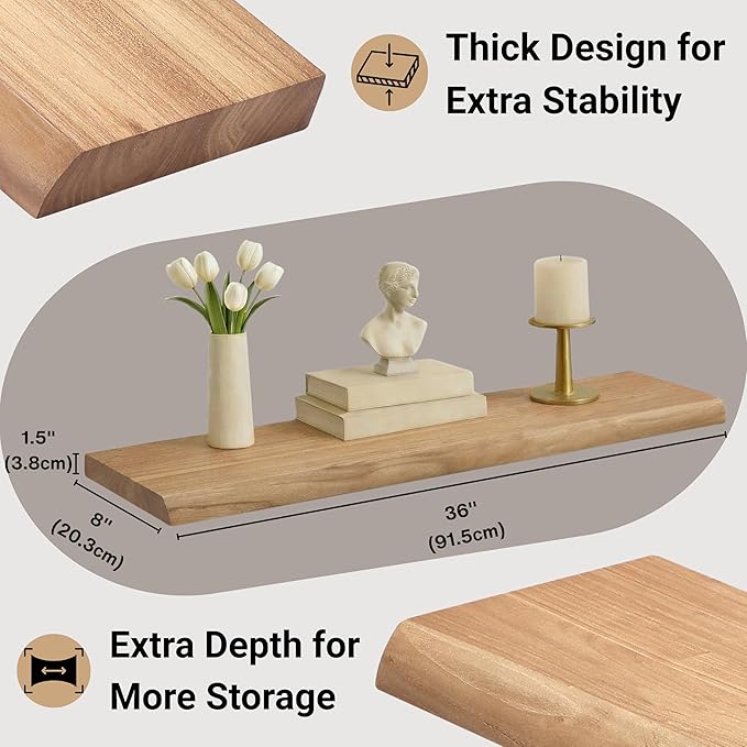 PERFNIQUE 36 Inch Floating Shelves Set of 2, Solid Elm Wood Rustic Live Edge Wall Decor Shelves - Invisible Bracket Mount for Living Room, Kitchen, Bathroom, Natural.
