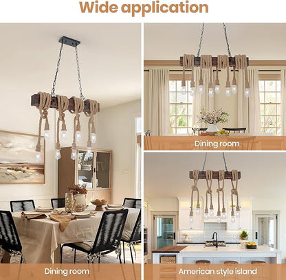 KEESFU Farmhouse Light Fixtures Rustic Chandelier，8-Light Kitchen Island Light Height Adjustable，Hemp Rope Pendant Light for Kitchen Dining Room Bar.