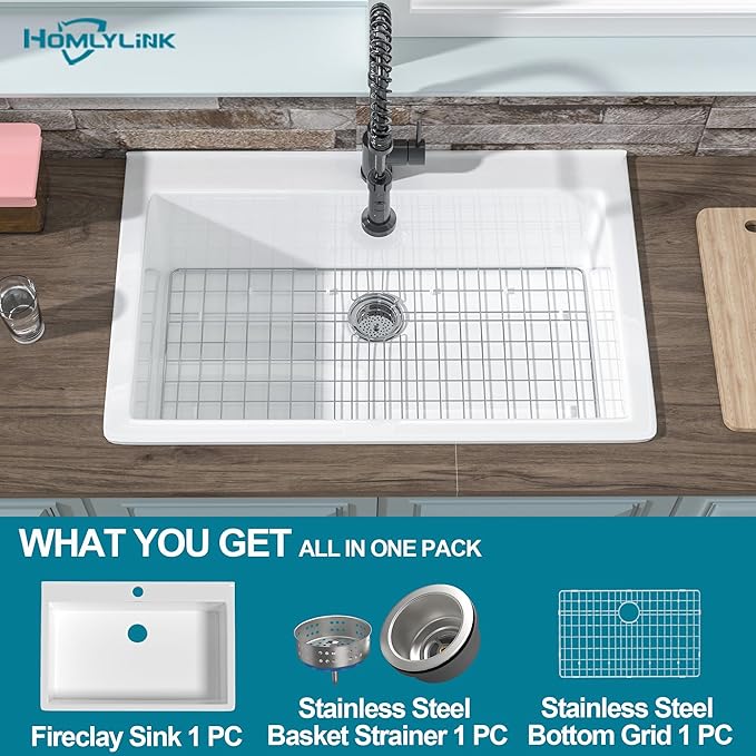 33x22 Drop In Kitchen Sink White 1 Hole, 33 Inch Topmount Fireclay Sink Drop In Single Bowl, Heavy Duty Large Capacity Deep Basin, w 2 Custom Accessories, Pure White, for Kitchen
