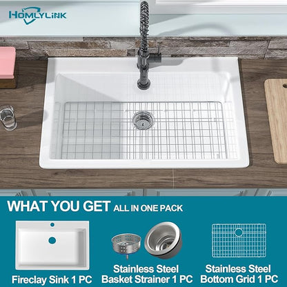 33x22 Drop In Kitchen Sink White 1 Hole, 33 Inch Topmount Fireclay Sink Drop In Single Bowl, Heavy Duty Large Capacity Deep Basin, w 2 Custom Accessories, Pure White, for Kitchen