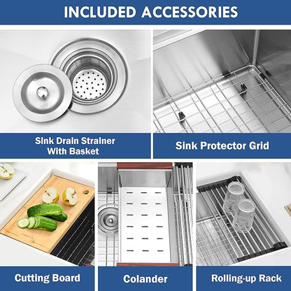 32 Inch Undermount Kitchen Sink,16 Gauge 304 Stainless Steel Kitchen Sink Single Bowl, 32"x19"x10" Undermount Sink Ledge Workstation Sinks With All Accessories, Large and Deep Sink