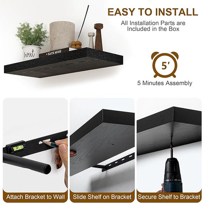 Fun Memories Black Floating Shelves 16 Inch Long, 8 Deep Floating Shelf Wall Mounted, 16 x 8 Inch Wooden Bathroom Shelves, Deep Storage Shelves for Living Room, Kitchen, Set of 2