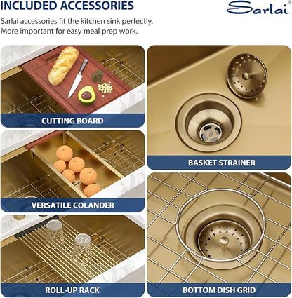 Sarlai 33 Inch Gold Undermount Kitchen Sink Double Bowl 33 x 19 Inch Low Divided Gold Workstation Double Kitchen Sink Stainless Steel 16 Gauge 60/40 Sinks Basin