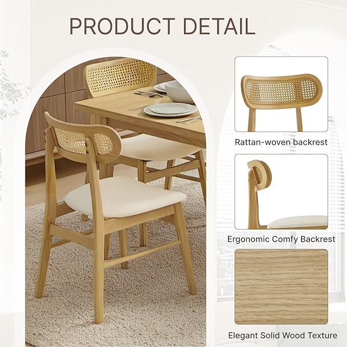 KISLOT Wooden Dining Chairs Set of 4, Upholstered Modern Dining Room Chairs, Mid Century Oak Wood Kitchen Chairs with Rattan Backrest for Farmhouse, Kitchen, Restaurant (Cream Fabric & Original Color)