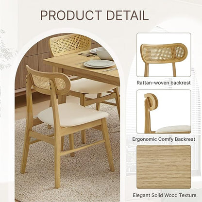 KISLOT Wooden Dining Chairs Set of 4, Upholstered Modern Dining Room Chairs, Mid Century Oak Wood Kitchen Chairs with Rattan Backrest for Farmhouse, Kitchen, Restaurant (Cream Fabric & Original Color)
