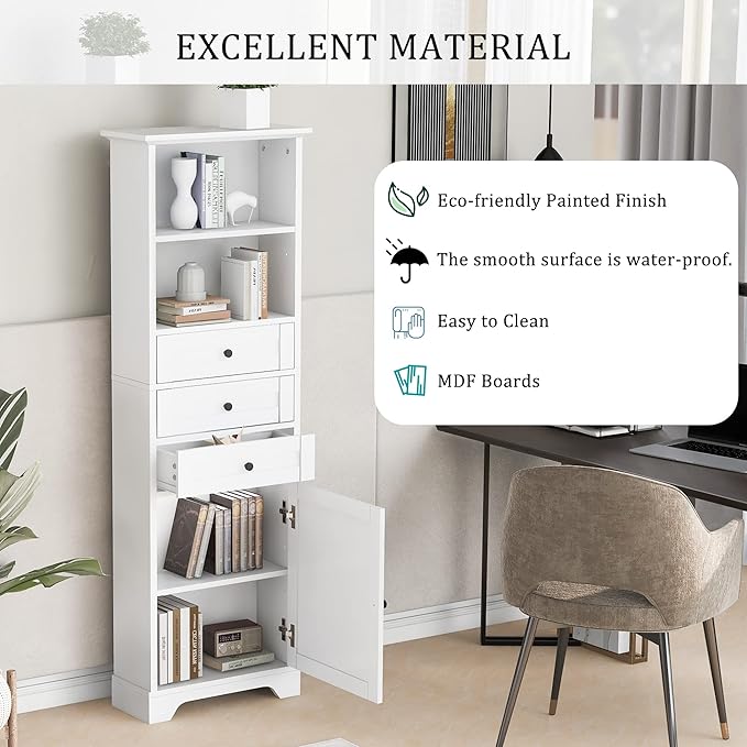 67" H Storage Cabinet with Drawers and Door, Tall Bookshelf Space Saver for Bathroom or Kitchen, Adjustable Shelf, White