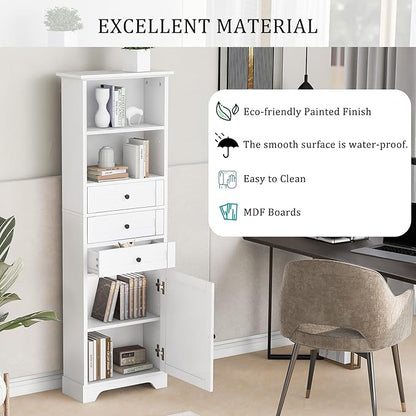 67" H Storage Cabinet with Drawers and Door, Tall Bookshelf Space Saver for Bathroom or Kitchen, Adjustable Shelf, White