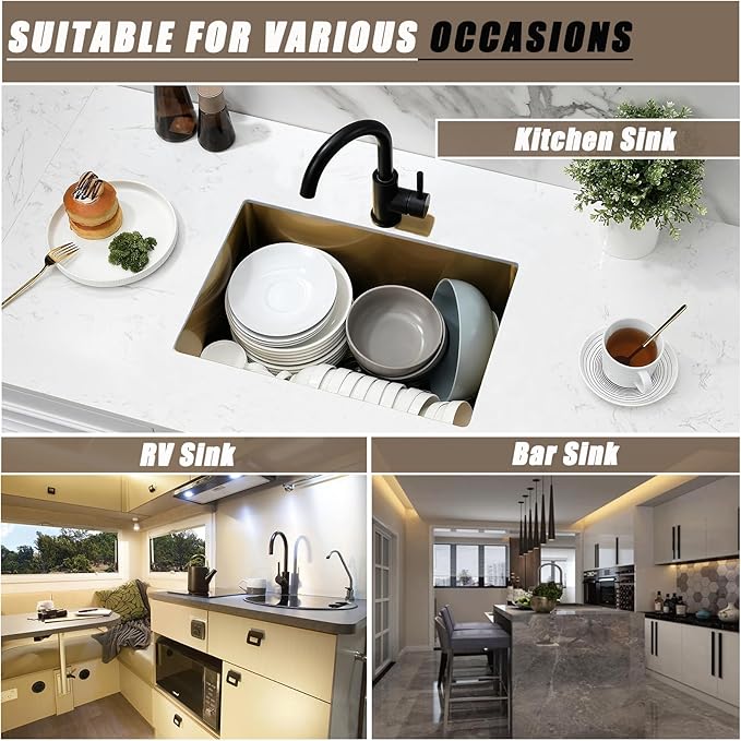 Gold Undermount Kitchen Sink, 22x16 Gold Kitchen Sink Undermount Utility Sinks Stainless Steel 18 Gauge Single Bowl Wet Bar Sinks with Basket Strainer