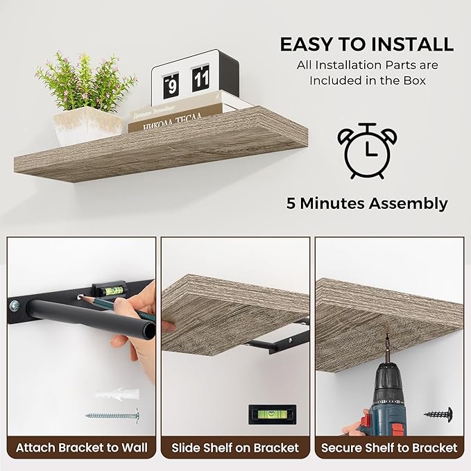 Dreamland 16 Inches Floating Shelves for Wall,6.7 Inch Deep Floating Shelves Set of 2, Large Display & Storage Shelf, Wall Shelf for Bathroom Bedroom Living Room Kitchen Office,Grey