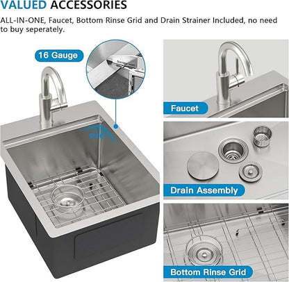 15"x20" Drop In Bar Prep Sink Workstation – 16 Gauge 304 Stainless Steel Top Mount Overmount Wet Bar RV Outdoor Kitchen Sink with Faucet