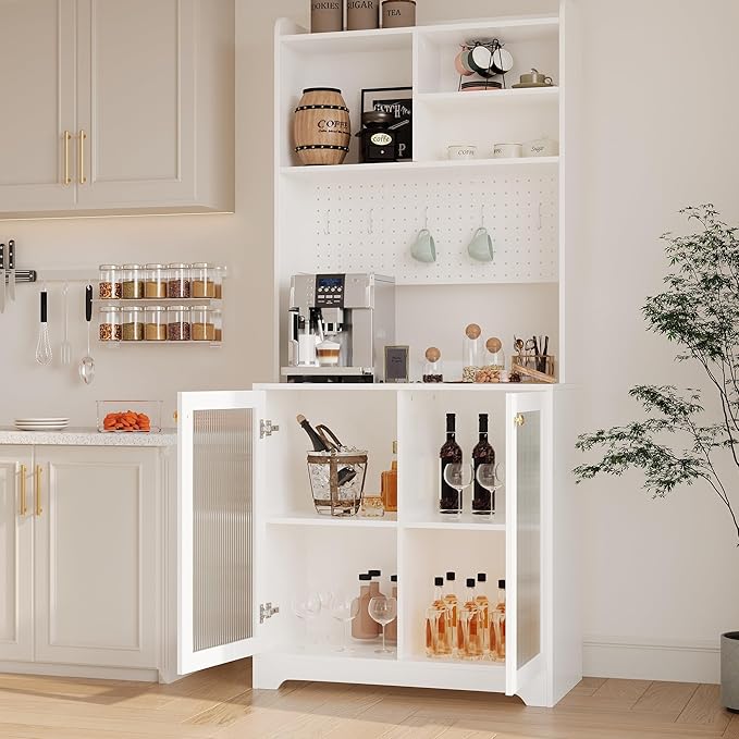 71" Kitchen Pantry Cabinet with Double Glass Doors and Pegboard, Wooden Cabinet with Open Shelves and Countertop,Kitchen Hutch with Storage for Dining Room or Living Room, White
