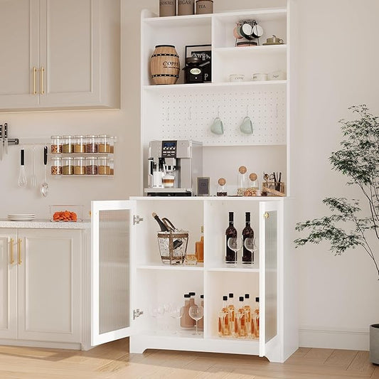 71" Kitchen Pantry Cabinet with Double Glass Doors and Pegboard, Wooden Cabinet with Open Shelves and Countertop,Kitchen Hutch with Storage for Dining Room or Living Room, White