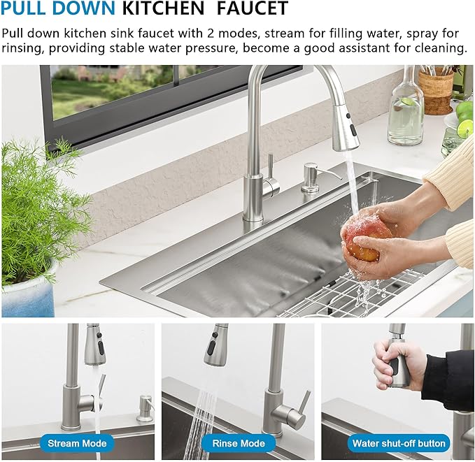 33 Kitchen Sink Drop In - Fulorni 33"x19" Ledge Workstation Top Mount 16 Gauge 304 Stainless Steel Over Mount Single Bowl Sink Basin with Faucet, Soap Dispenser
